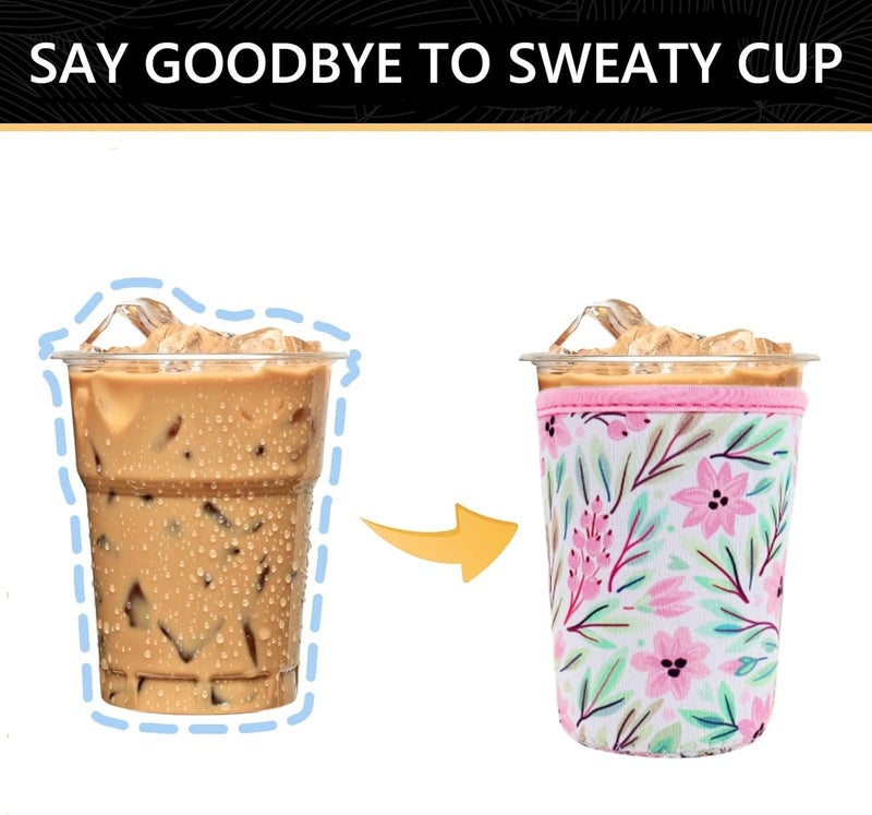 YR Reusable Neoprene Insulator Sleeve for Iced Coffee Cups, 3 Pack Coffee Coolies sleeves for Iced & Hot Drinks, Cold Beverage Cooler Compatible with Starbucks Coffee and More (Pink Flower) - Image 3